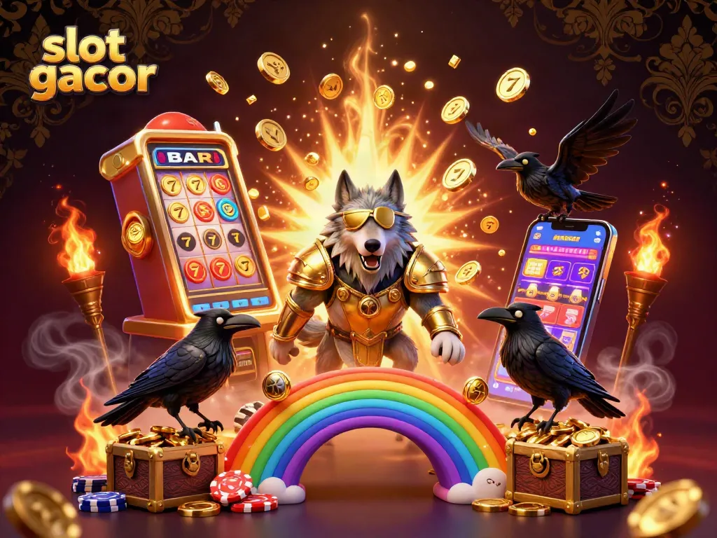 Engage with slot gacor themed 3D casino illustration featuring Odin wolf, jackpot machine, and gold coins.