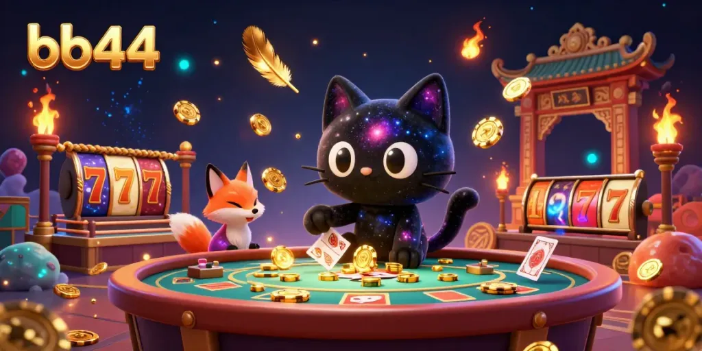 Engage with bb44 at a cosmic casino with dynamic slot elements and a black hole cat capturing chips and cards.