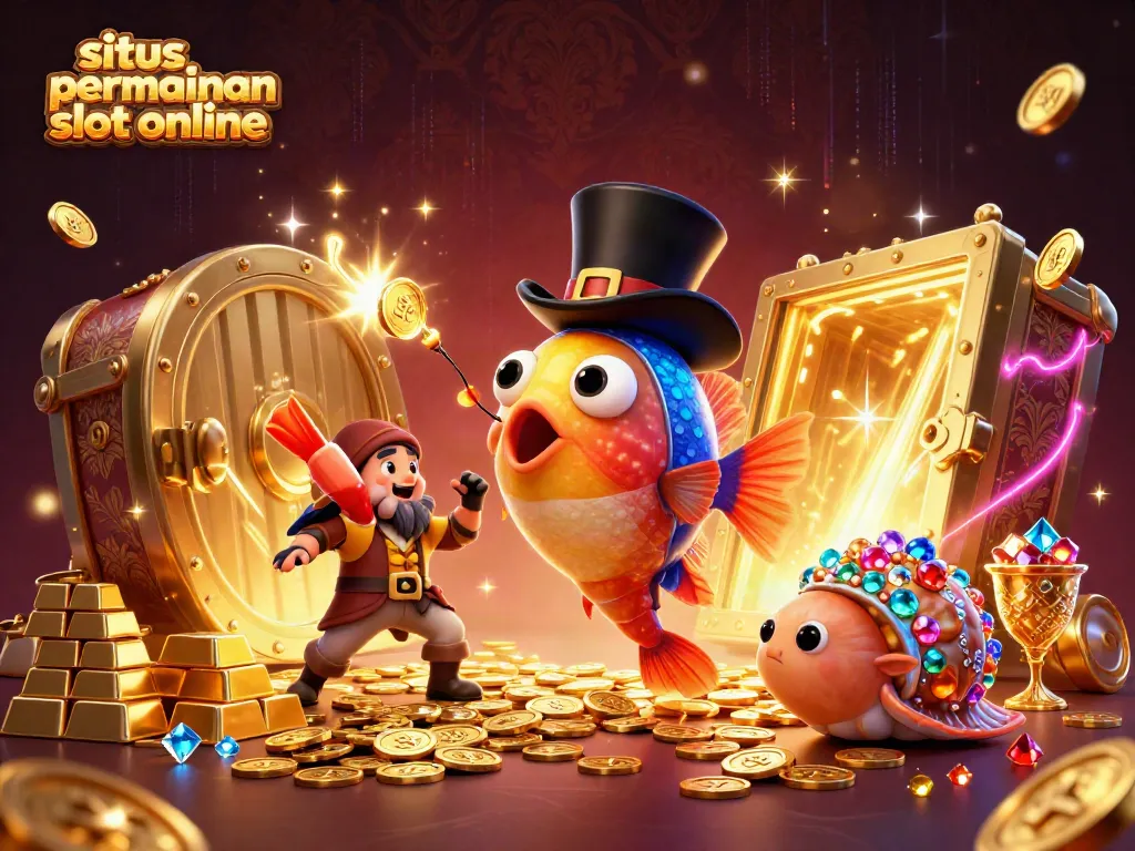Ilustrasi 3D karakter ikan pemancing dengan topi, menarik koin emas di situs permainan slot online