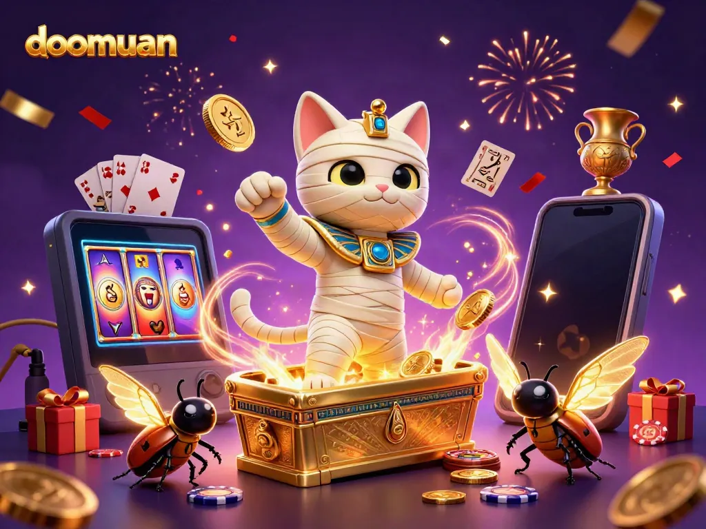 Experience thrilling gameplay with doomuan, featuring a mummy cat and scarab beetle in a vibrant casino scene.