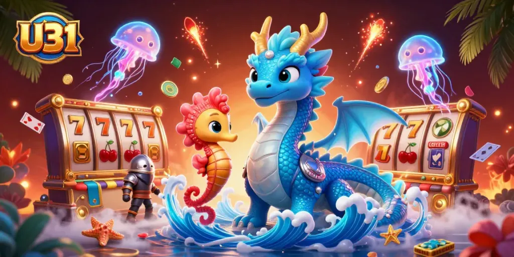 Experience the thrilling excitement of U31 casino with vibrant dragon, seahorse knight, and glowing jellyfish.