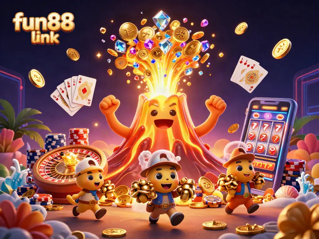 Experience the fun88 link with an exciting eruption of coins and treasures in a dynamic casino scene.