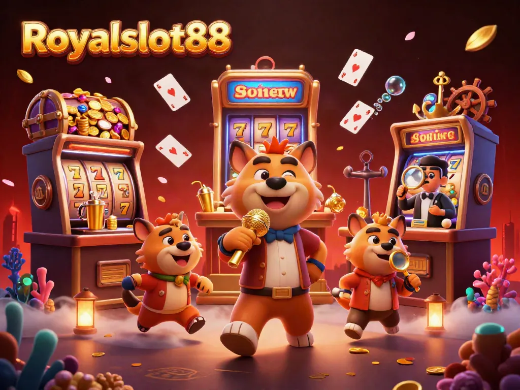Hyena lucu di Royalslot88, menampilkan kasino komedi dengan slot mesin dan koin emas meletus.