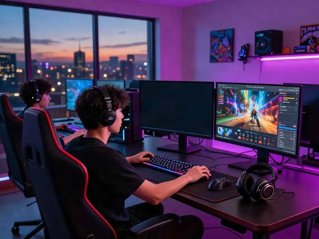 Engaged gamer at QQMacan online gaming setup with vibrant visuals.