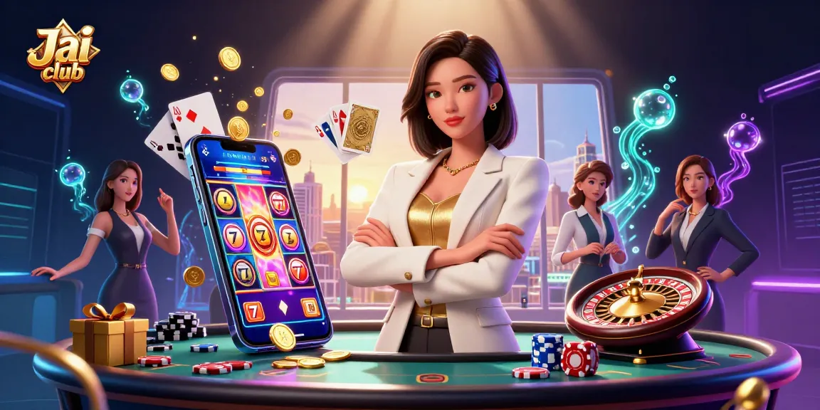 Experience the thrilling Jai club atmosphere with an elegant woman, golden cards, and vibrant gaming elements.