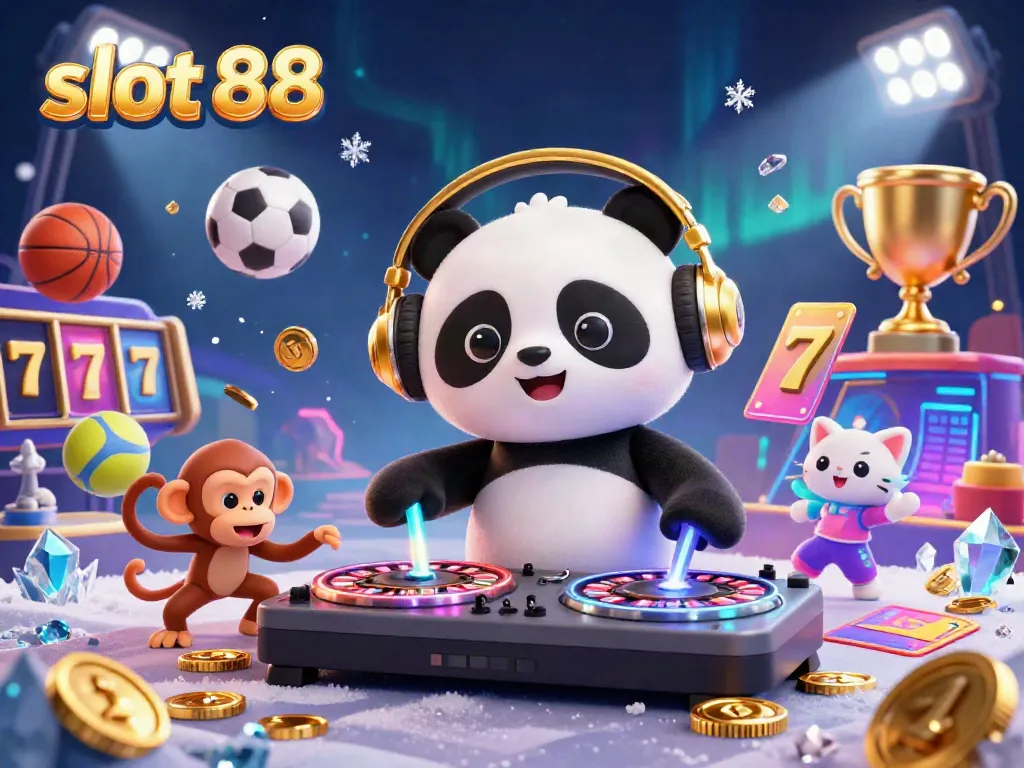 Experience the vibrant action of slot 88 with 3D characters dancing around casino elements in an electrifying illustration.