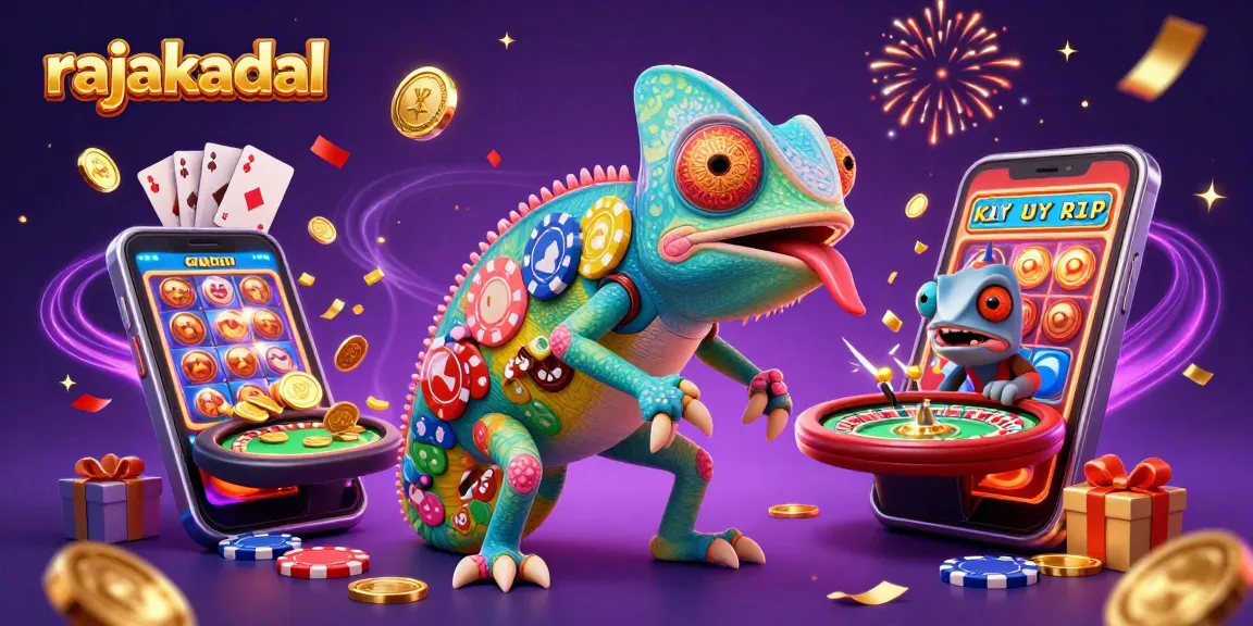 Jelajahi slot dan permainan kasino seru lainnya di rajakadal dengan chameleon pemilik kasino yang unik.