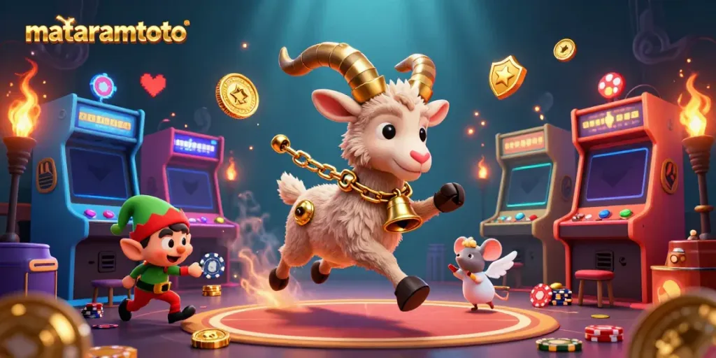 Mataramtoto casino scene with Krampus goat, angel mouse, and elf gremlins playfully stealing poker chips.