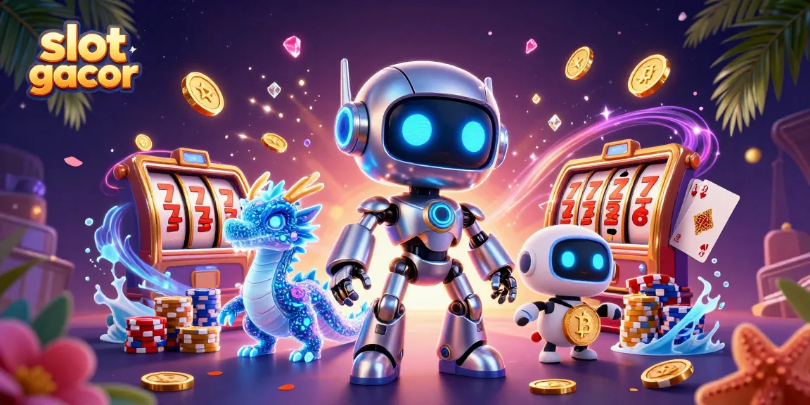 Permainan slot gacor dengan robot cyberpunk dan naga AI, dikelilingi koin emas dan kartu poker.