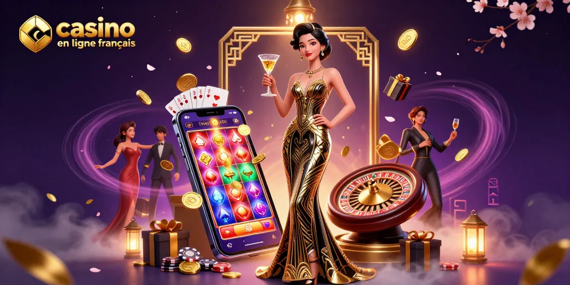 Vivez l'excitation du casino en ligne français avec une femme asiatique glamour au milieu des éléments de jeu.