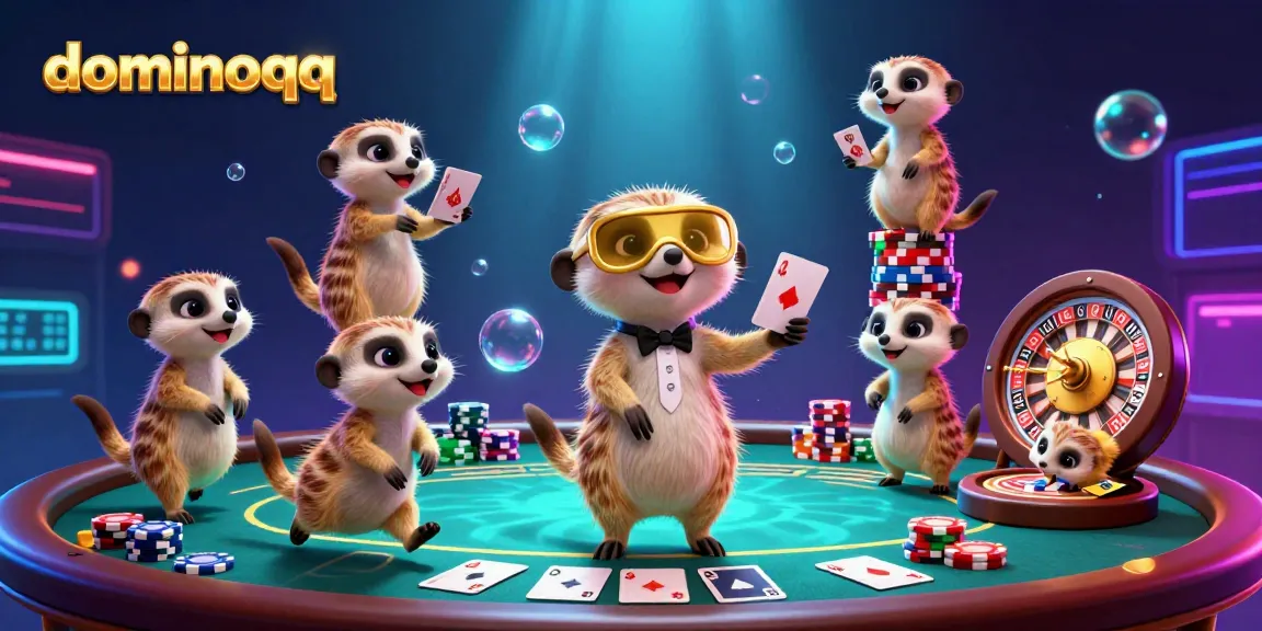 Engage with the dynamic dominoqq casino featuring meerkats managing a poker table in a vibrant, colorful scene.