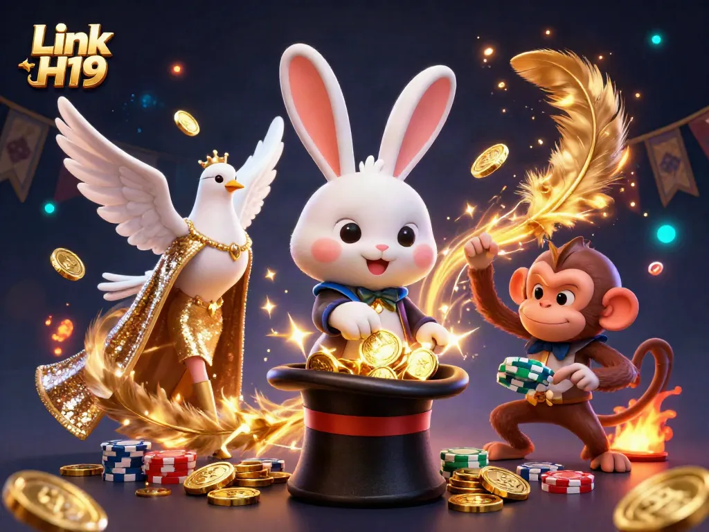 Experience the magical world of Link H19 as a magician rabbit conjures coins, set in a vibrant casino environment.