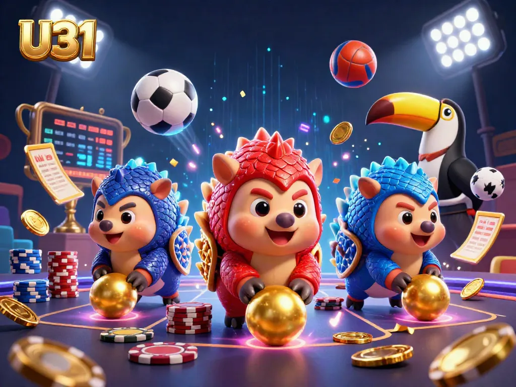 Experience U31 with lively pangolins bowling through poker chips in this vibrant casino scene.
