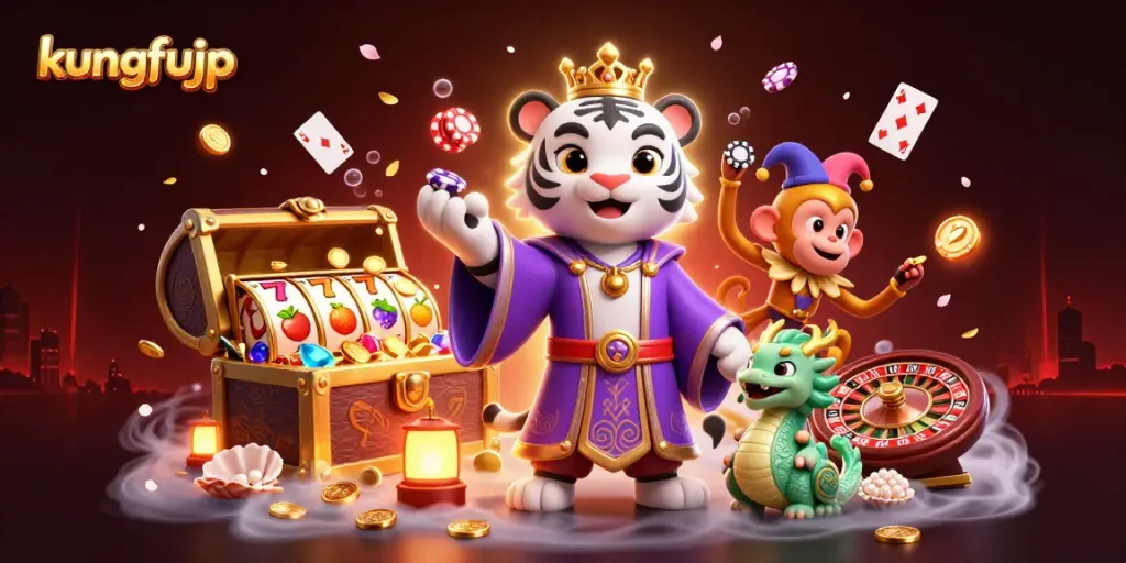 kungfujp membawa keberuntungan dalam permainan dengan harimau putih 3D dan koin emas bertebaran.