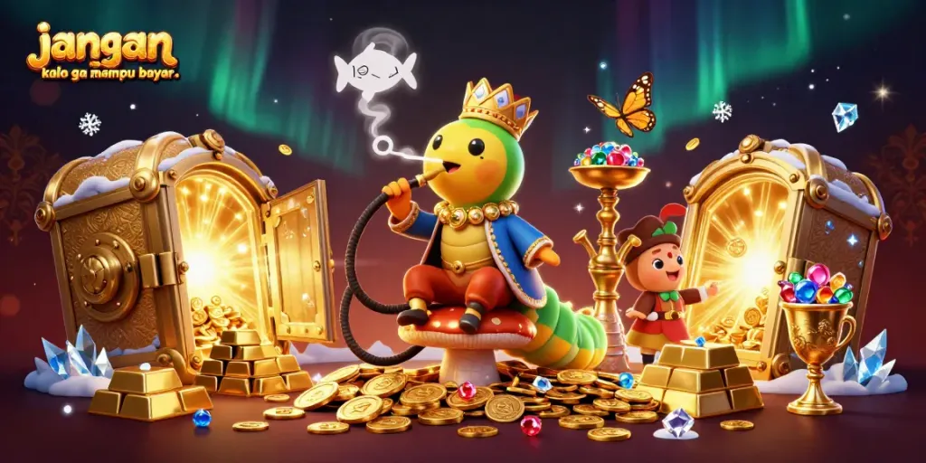 Engaging scene showcasing "jangan order kalo ga mampu bayar.." surrounded by vibrant fish game elements and treasure.