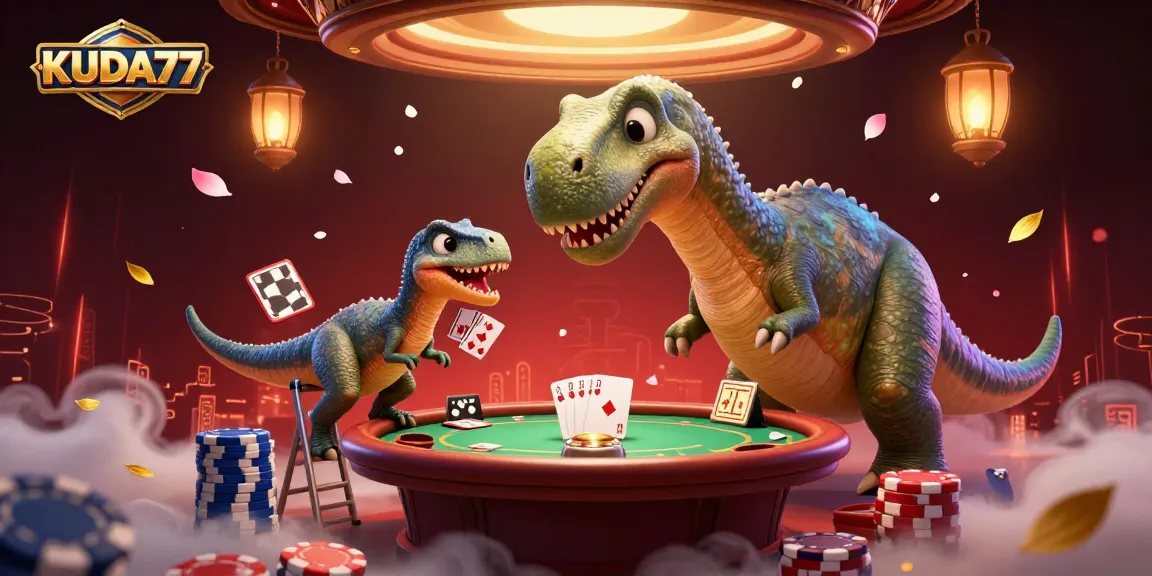 Permainan KUDA77 di kasino dengan dinosaurus dan raptor yang deal kartu.