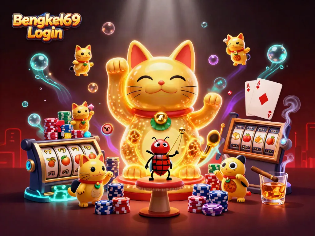 Engage in thrilling slots with Bengkel69 Login, showcased by a giant lucky cat formed from fireflies amidst casino symbols.