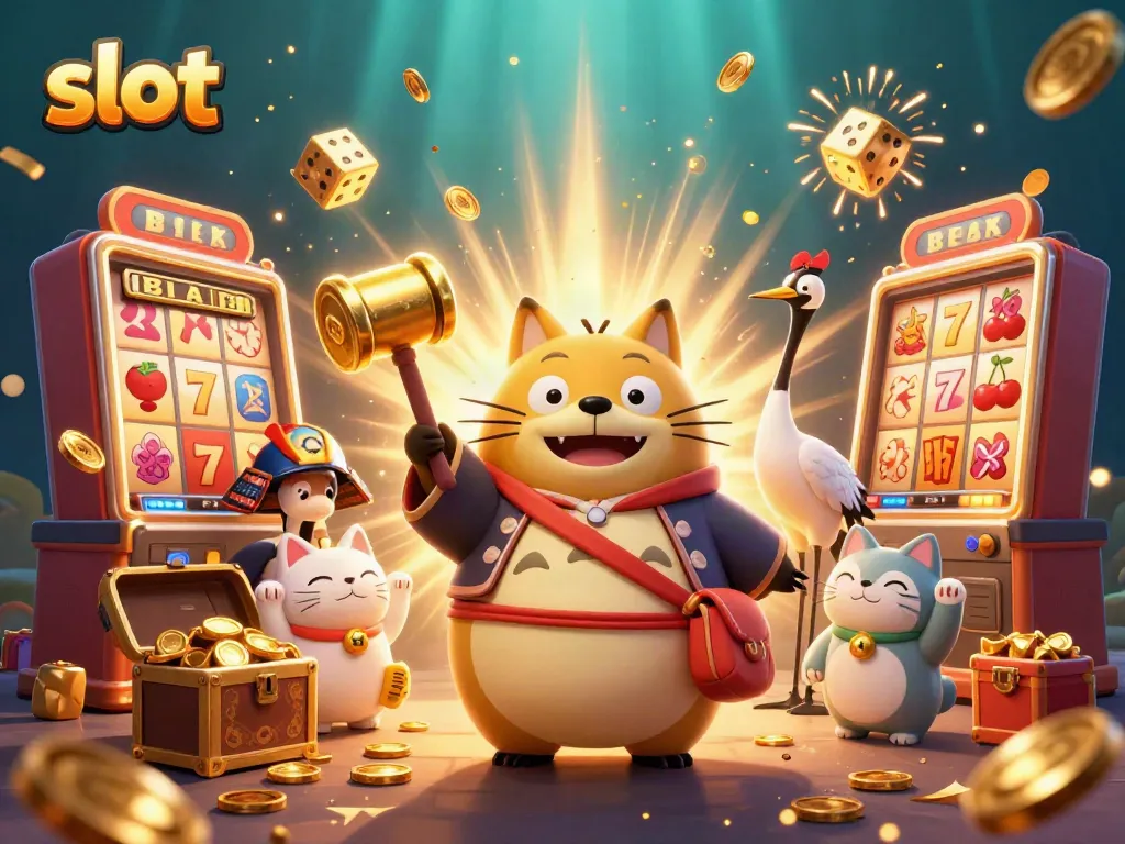 Spin winning slots with a cheerful tanuki, golden coins, and a colorful jackpot explosion.