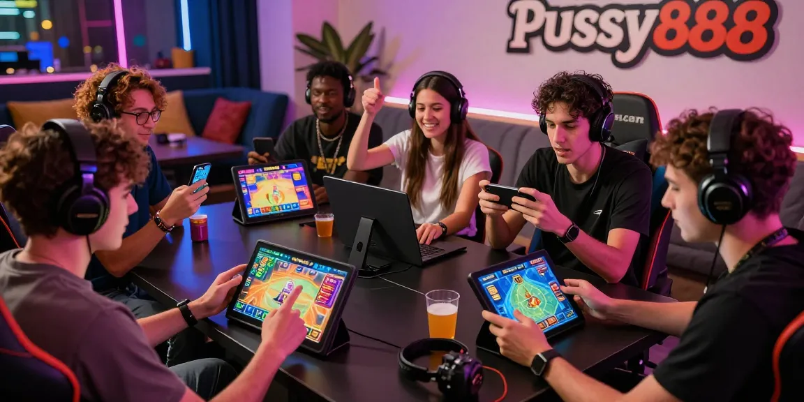 Pussy888 Download players enjoying an immersive mobile gaming experience in a vibrant lounge.