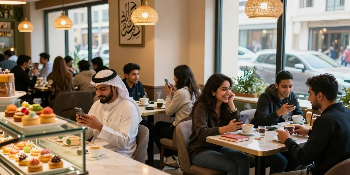 شات الرياض socializing scene in a vibrant café with diverse young adults enjoying lively conversations