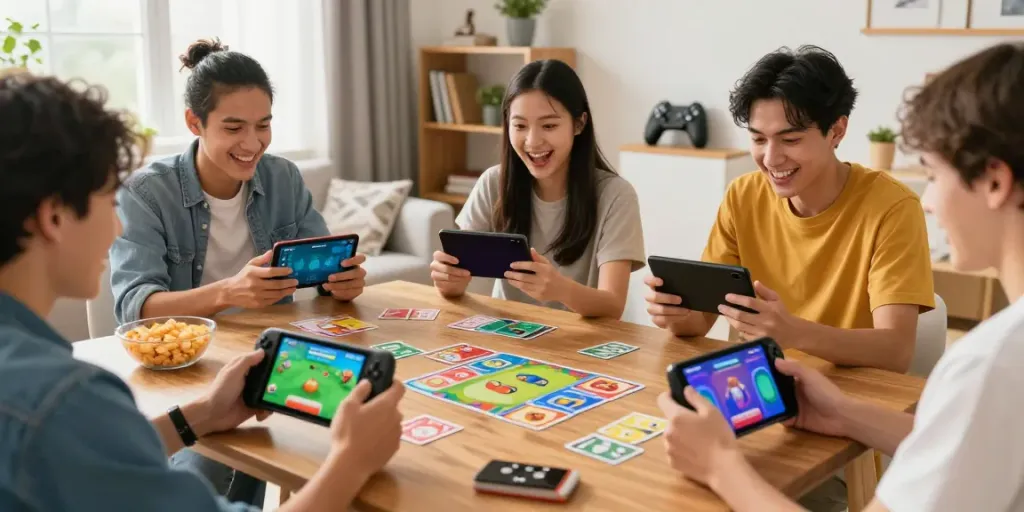 Friends playing yono games on Android devices in a cozy setting.