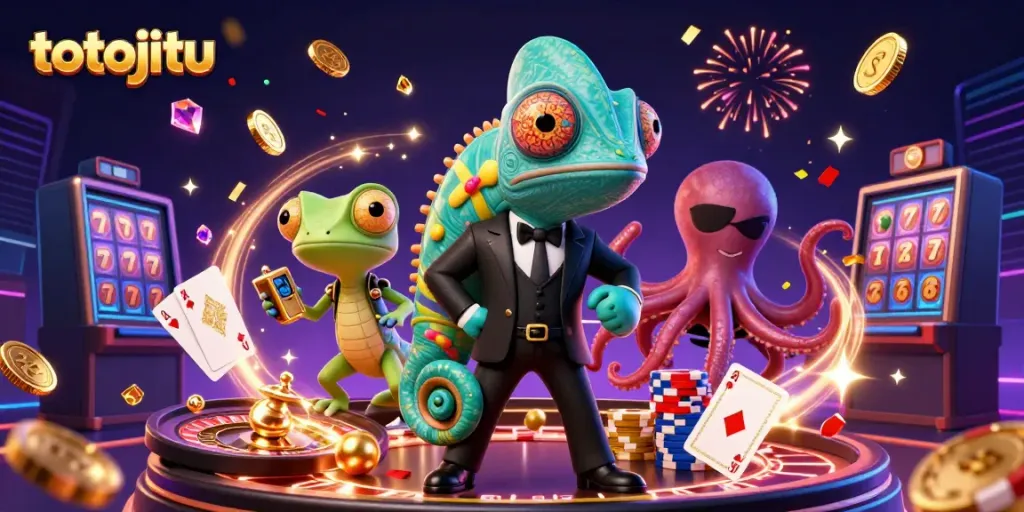 Experience thrilling gameplay with totojitu as a colorful chameleon, tech-gecko, and octopus amid vibrant casino elements.