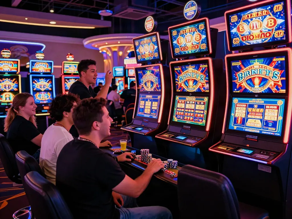 Lucky777 casino gaming scene with vibrant lights and excited players.