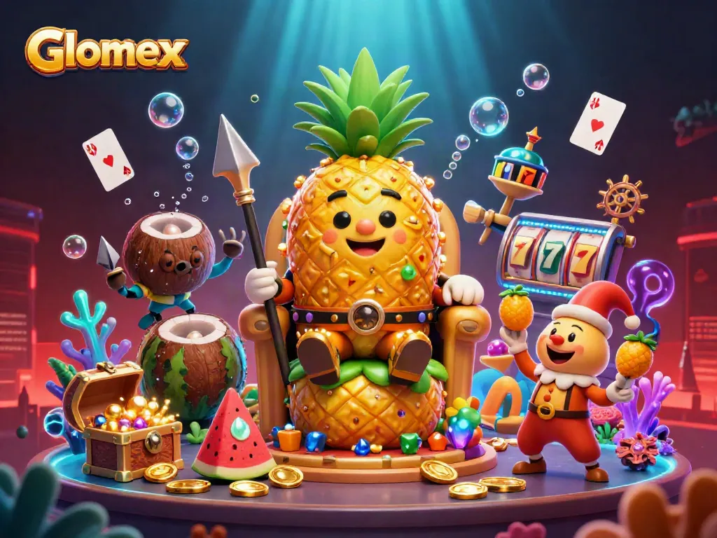 Glomex showcases a vibrant casino scene with a pineapple king and dynamic gaming elements.