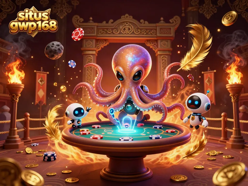Permainan peluang situs gwp168 dengan karakter 3D alien yang sedang mengoperasikan meja poker holografik.