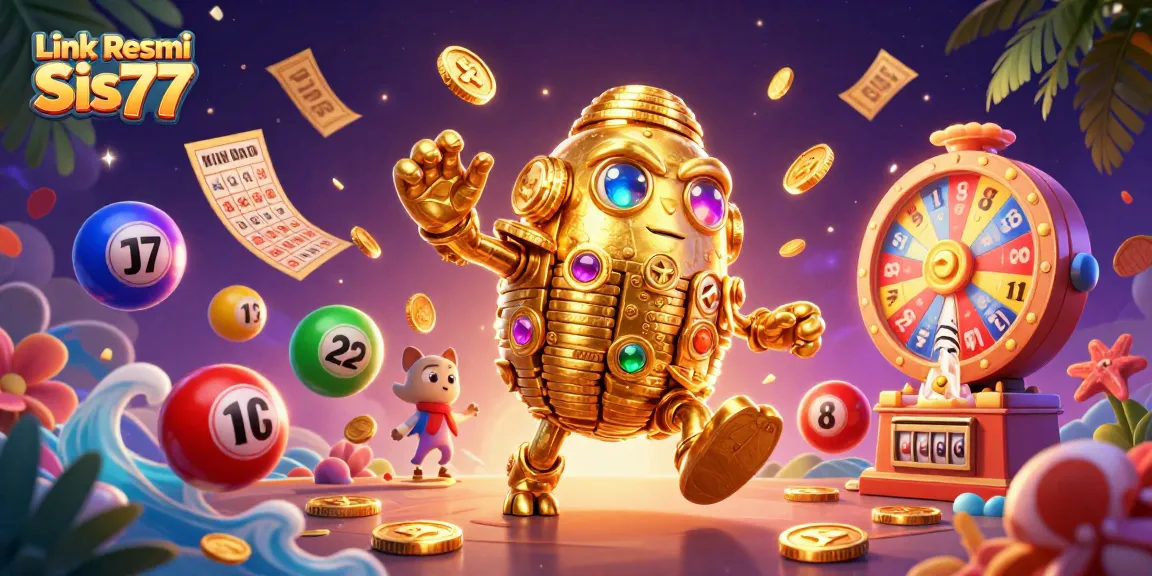 Menangkan permainan menggunakan Link Resmi Sis77 dengan elemen menarik seperti golem emas dan bola lotere berwarna.