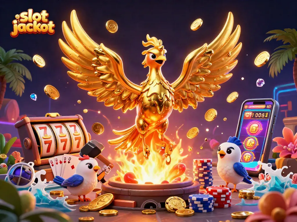 Experience the thrill of the slot jackpot with a golden phoenix and vibrant casino elements