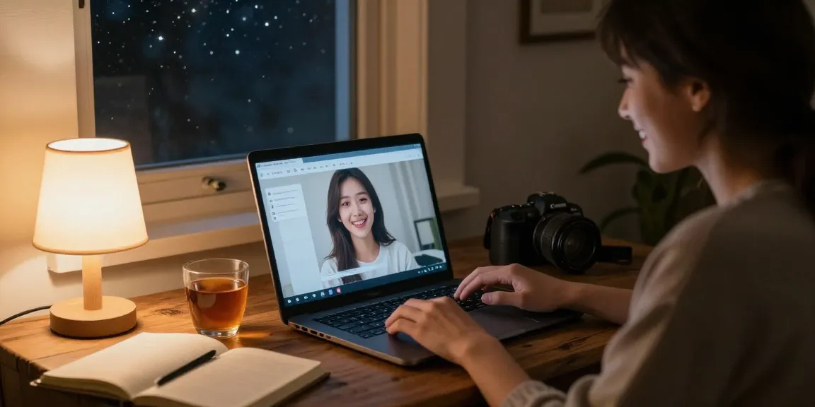 Engaging with an AI girlfriend in a cozy home setting, showing emotional connection and digital interaction.