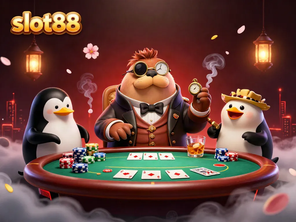 Permainan slot88 yang memikat dengan karakter unik di meja poker bawah laut.