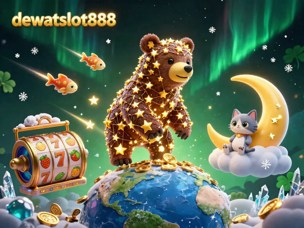 Gambar ilustrasi 3D dewataslot888 menunjukkan beruang konstelasi dan simbol slot yang dinamis, cocok untuk permainan slot online.
