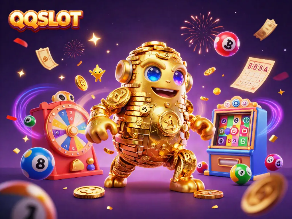 Experience luck with QQSLOT as dynamic golems and vibrant lottery elements collide in a celebratory casino scene.