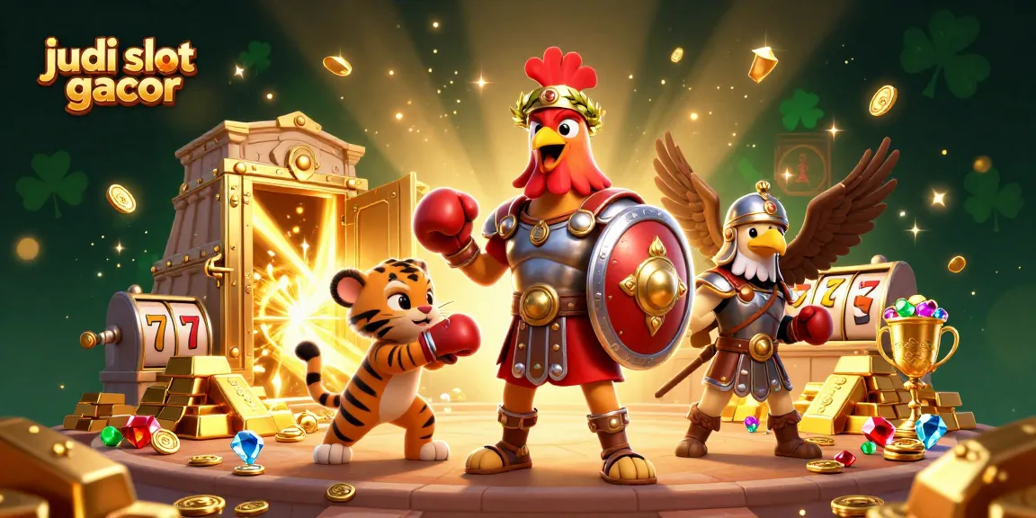 Permainan judi slot gacor yang menarik dengan karakter kartun berani dan elemen kemewahan.