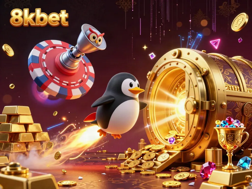 Experience the thrill of 8xbet with a golden penguin soaring toward a dazzling casino chip space station.