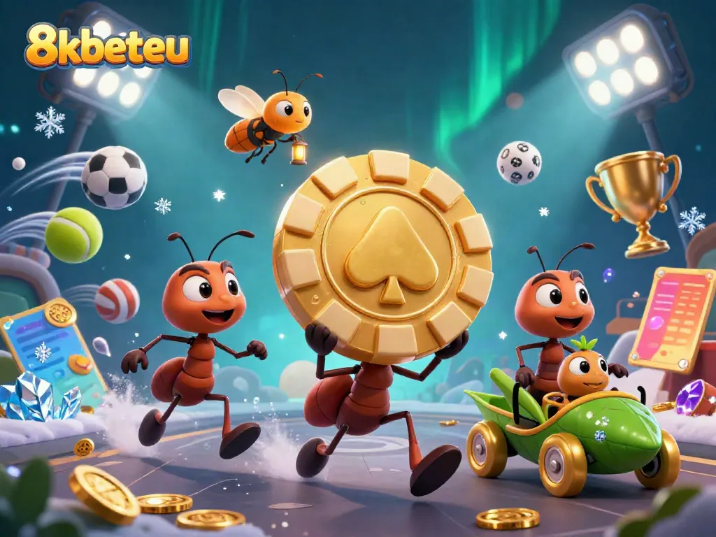 Betting excitement in action with 8kbeteu represented by a vibrant 3D illustration featuring ants and sports elements.