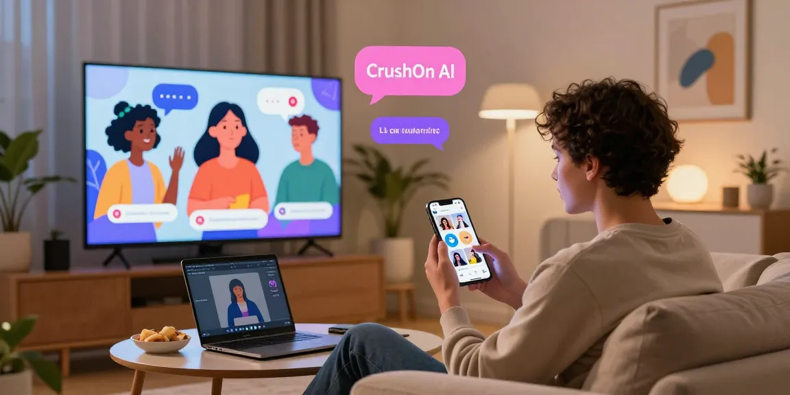 Engaging users with CrushOn AI through diverse character interactions in a cozy living room.