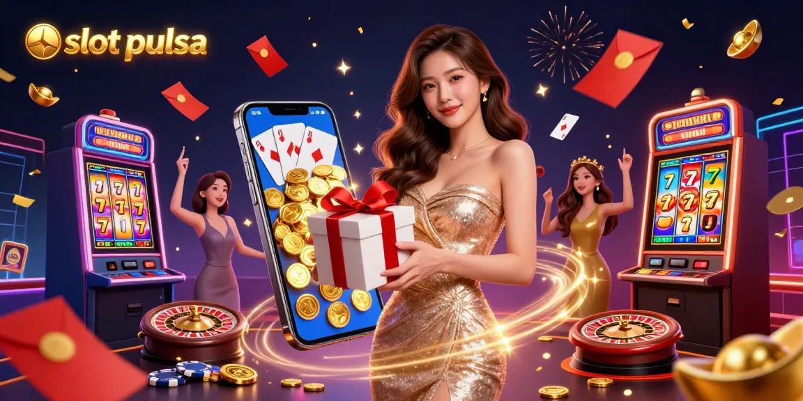 Putar gulungan slot pulsa keberuntungan dengan karakter meriah merayakan kemenangan kasino.