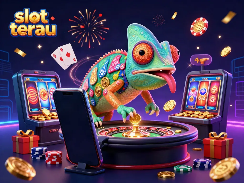 Scene utama permainan slot terbaru dengan karakter chameleon kasino yang menarik koin emas.