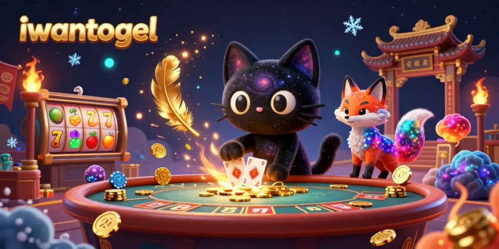 Experience Iwantogel at a cosmic casino where a black hole cat attracts golden chips and cards.