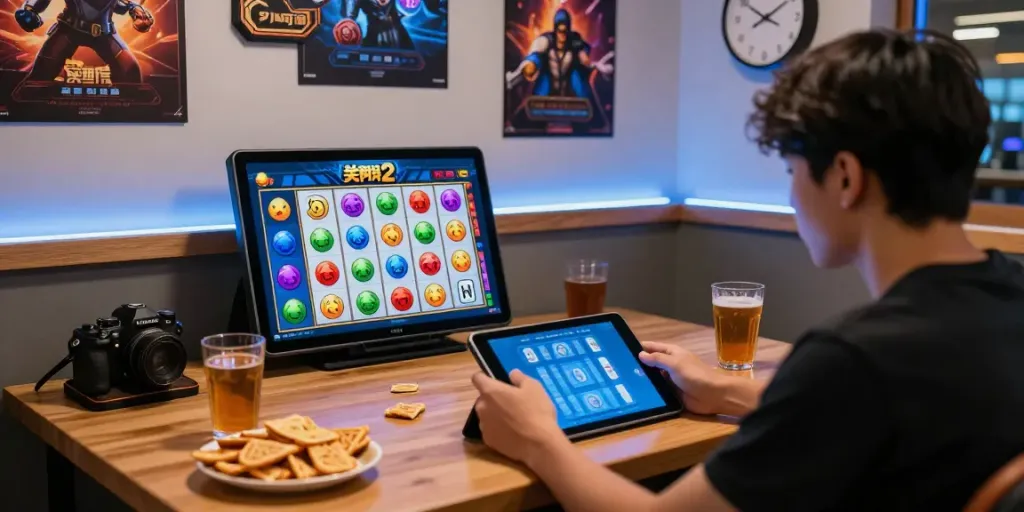 Seorang pemain terlibat dalam permainan slot Mahjong Ways 2 di tablet, dikelilingi suasana bermain yang nyaman.