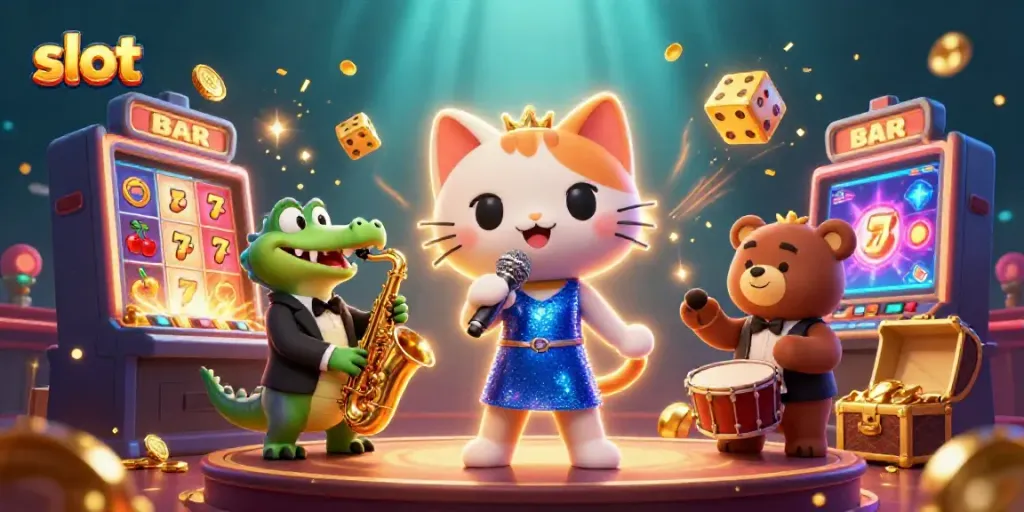 Engaging scene of slot-themed characters featuring a jazz-singer cat, saxophone crocodile, and bear cub celebrating a jackpot.