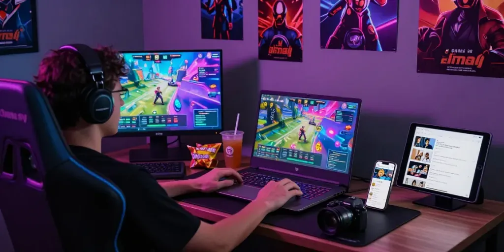 Pengalaman permainan online diana4d dengan pemain fokus di kursi gaming modern, dikelilingi aksesori dan pencahayaan LED.