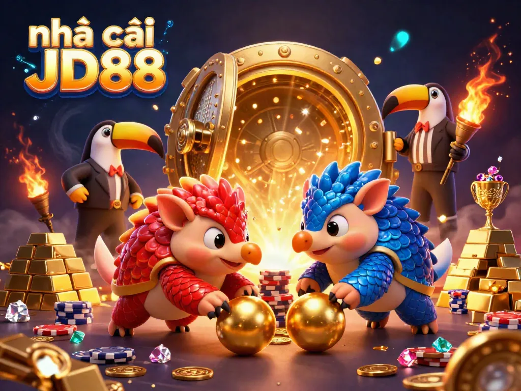 Engaging scene of nhà cái JD88 with rival pangolins bowling through poker chips in vibrant casino atmosphere.