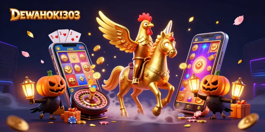 DEWAHOKI303 menang di kasino dengan slot modern, dikelilingi oleh suasana fantastis.