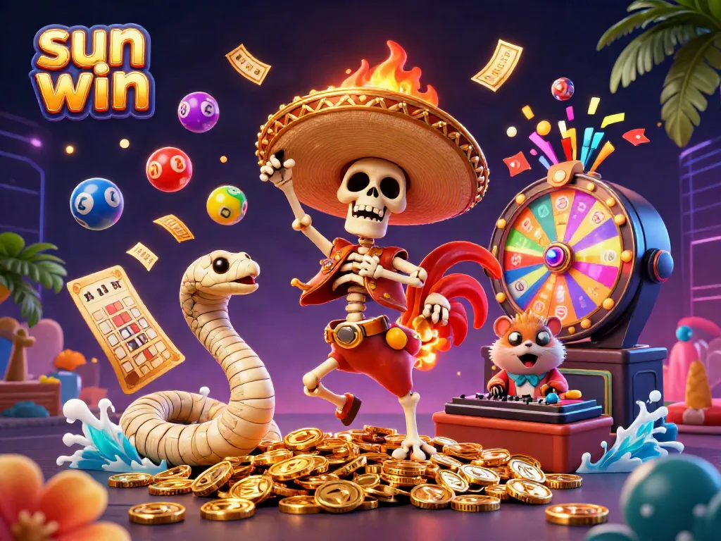 Experience thrilling gameplay at sun win with a vibrant 3D illustration of characters and casino elements.
