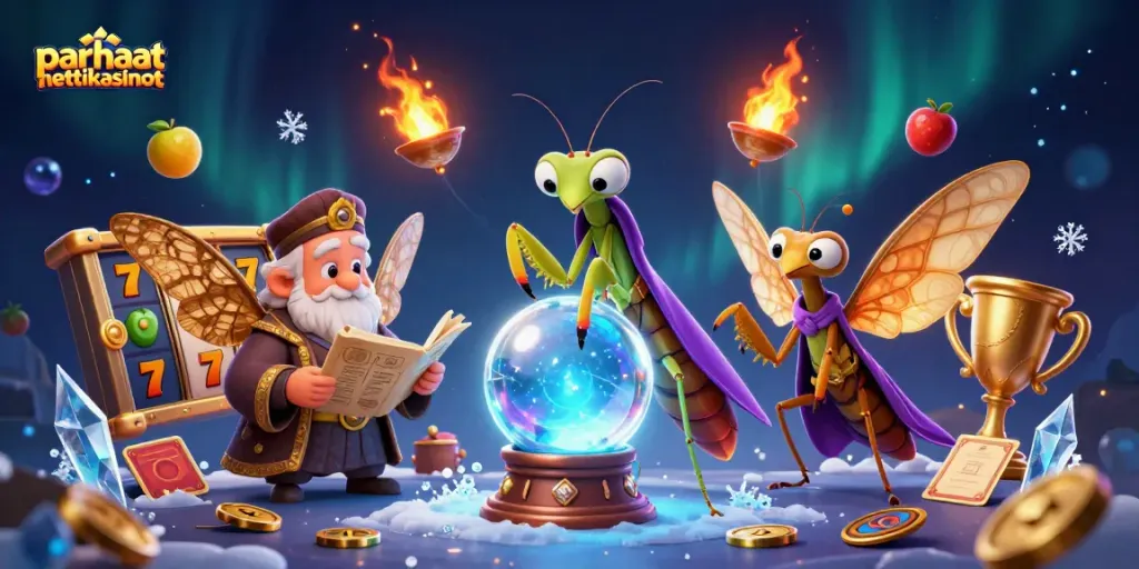 Parhaat nettikasinot esittelee 3D-illustration, jossa on onnen symboleita ja kasinopeliä.