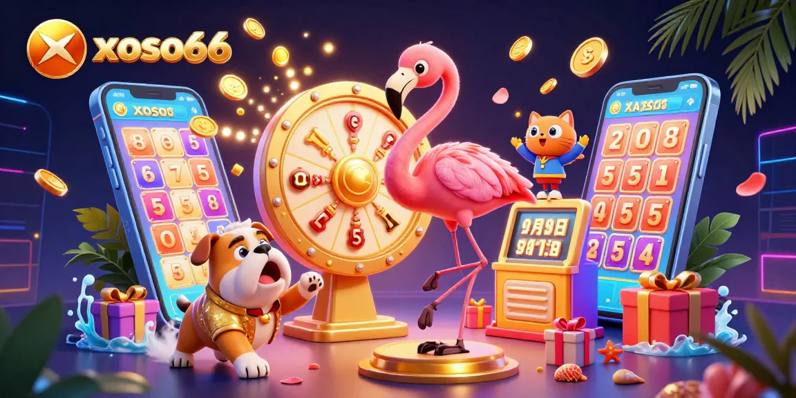 Xoso66 showcases exciting lottery action with spinning reels and a prize wheel in a vibrant scene.